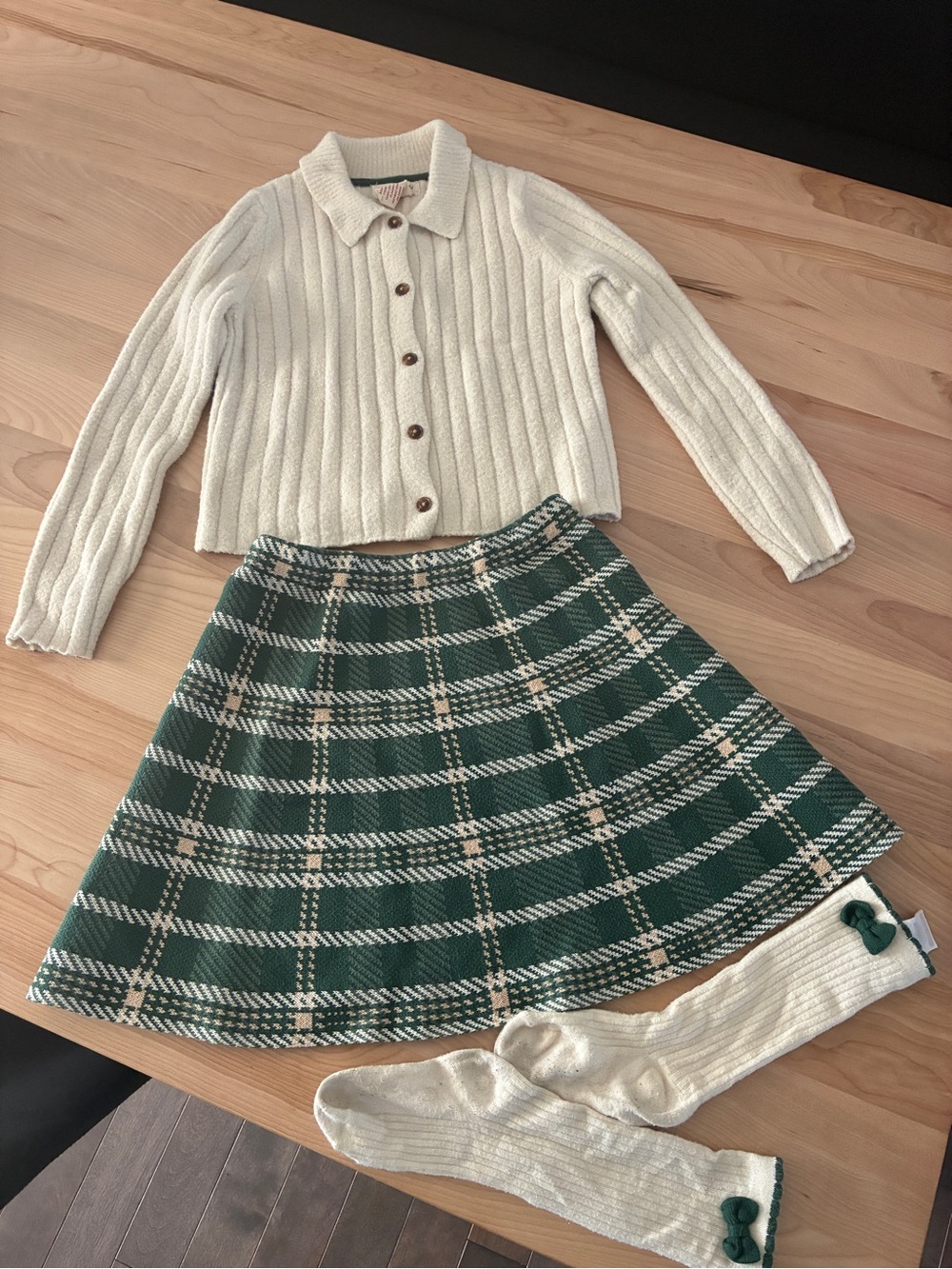 Cream Knit Cardigan & Green Plaid Skater Set - Coordinated Kids Outfit